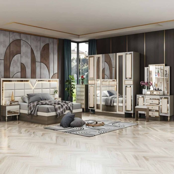 Modern Bedroom Set (1 Bed 180x200cm, 1x6 Door Wardrobe, 2 Night Stand, 1 Dressing Table With Stool) | أثاث | أثاث غرفة النوم | Bedroom Sets