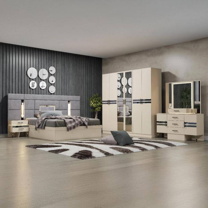 Modern Bedroom Set White (180x200cm Bed, 1x8 Door Wardrobe, 2 Night Stand, 1 Dressing Table With Stool) | Furniture | Bedroom Furniture | Bedroom Sets