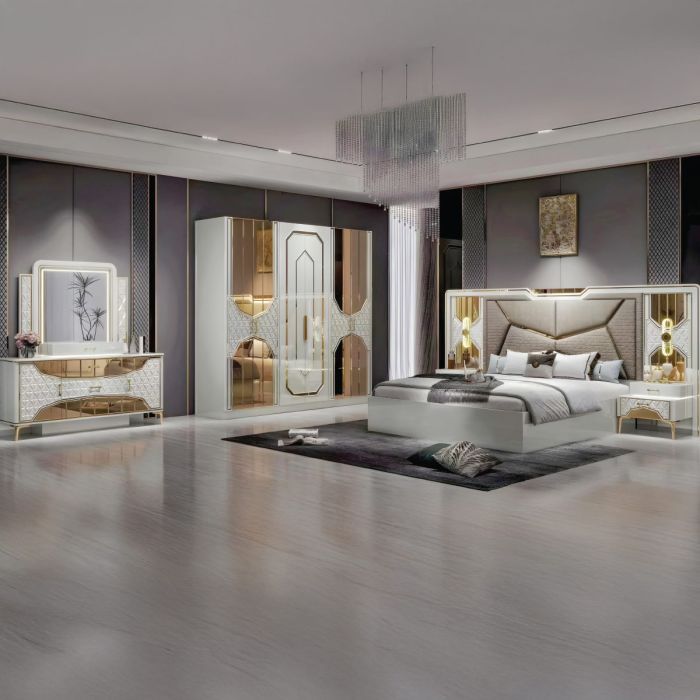 Modern Bedroom Set (1 Bed 180x200cm, 6 Door Wardrobe, 2 Night Stand, 1 Dressing Table With Stool) | Furniture | Bedroom Furniture | Bedroom Sets