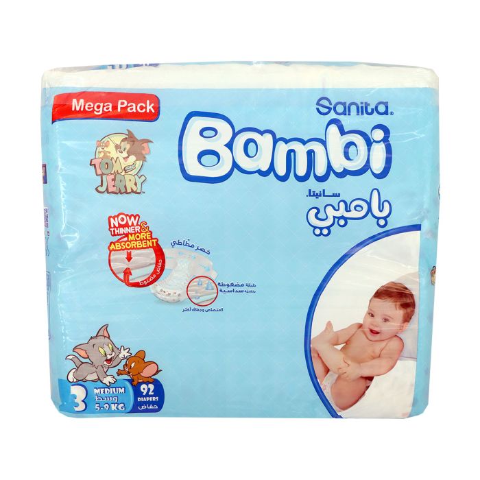 سانتي بامبي متوسط 5 - 9 كجم عبوة ضخمة 92 قطعة | الحفاضات | حفاضات