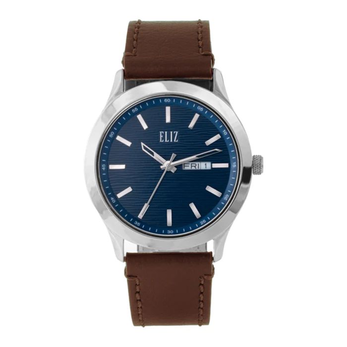Eliz Round 42mm Blue Dial Brown Genuine Leather Strap Watch For Men - ES8923G1SBO | Men | Men Watches | Men Formal Watches