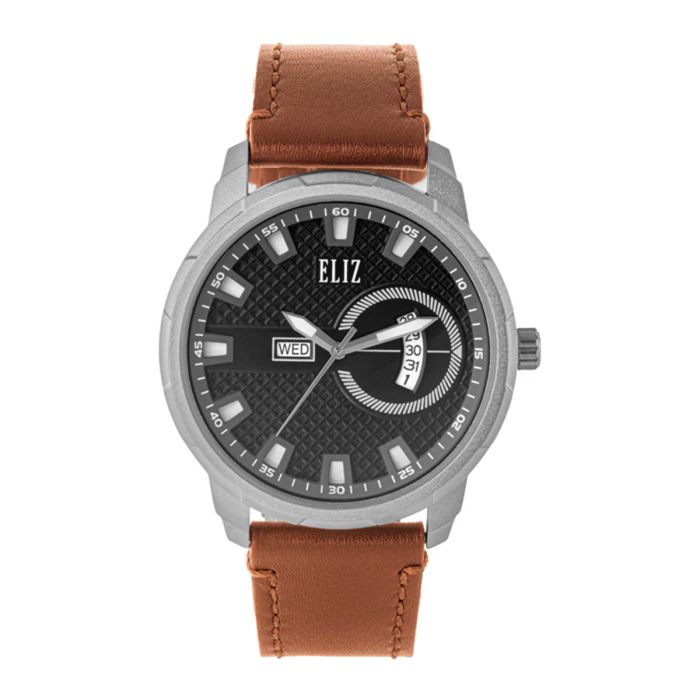 Eliz Round 44mm Black Dial Tan Brown Genuine Leather Strap Watch For Men ES8924G1SND | Men | Men Watches | Men Formal Watches