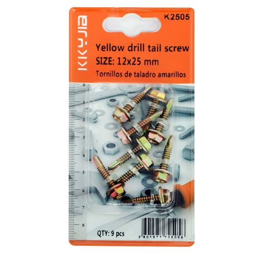 Yellow Drill Tail Screw 9Pcs 12x25mm