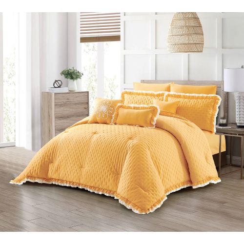 comforter set: 1 Comforter 260x240cm 1 Fitted sheet  200x200cm 2 Pillow Sham 50x75cm 2 Pillow case 50x75cm 2 Filled cushion 45x45cm  2 Filled cushion 30x50cm Yellow