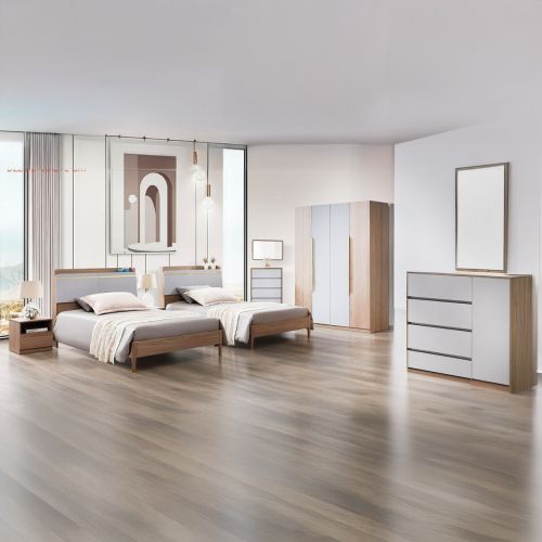 Bedroom Set (2 Bed 120X200cm, Wardrobe 4 Doors, 1 Dressing Table, 1 Night Stand)